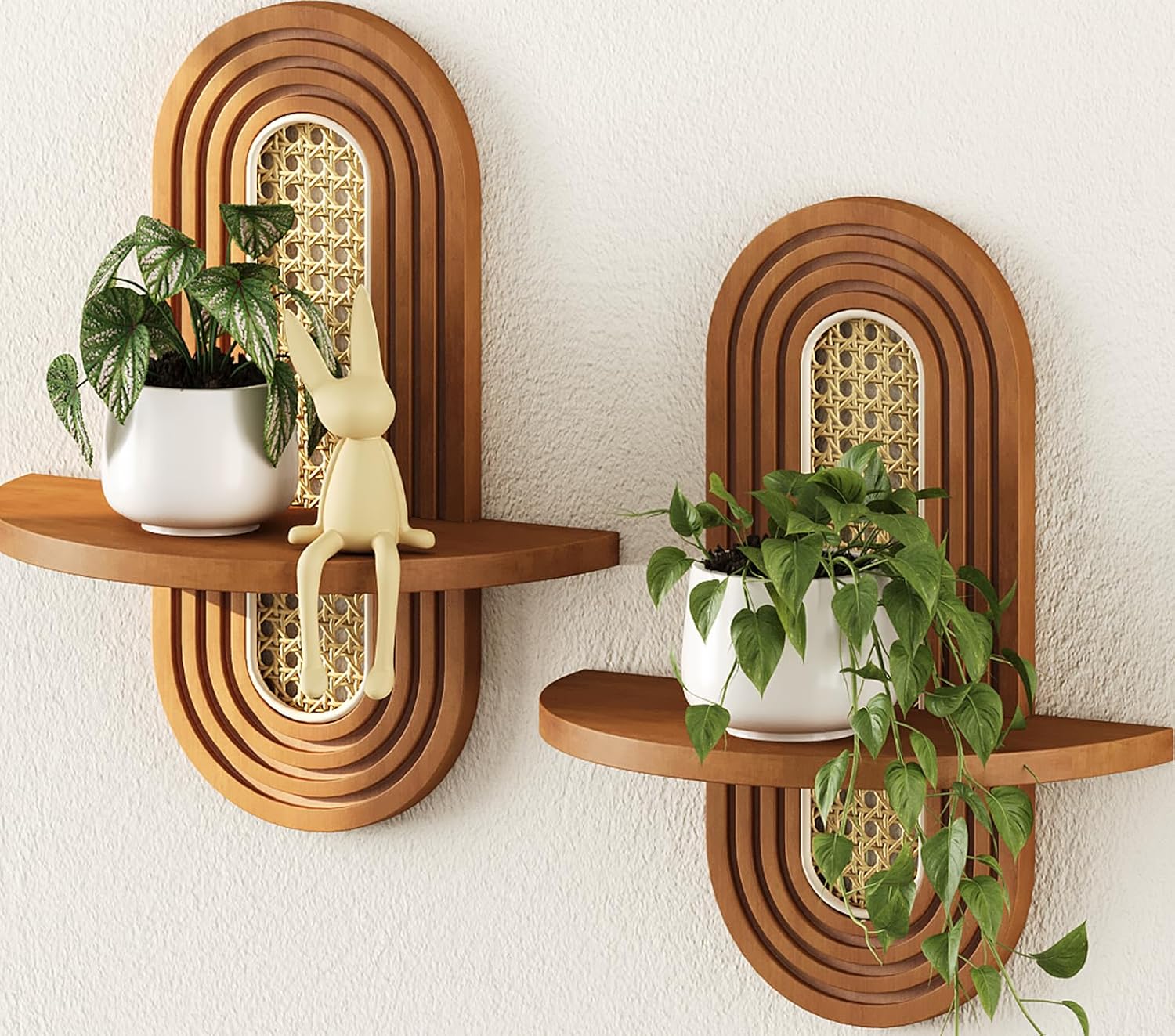 Rattan Boho Floating Plant Shelves, Set of 2
