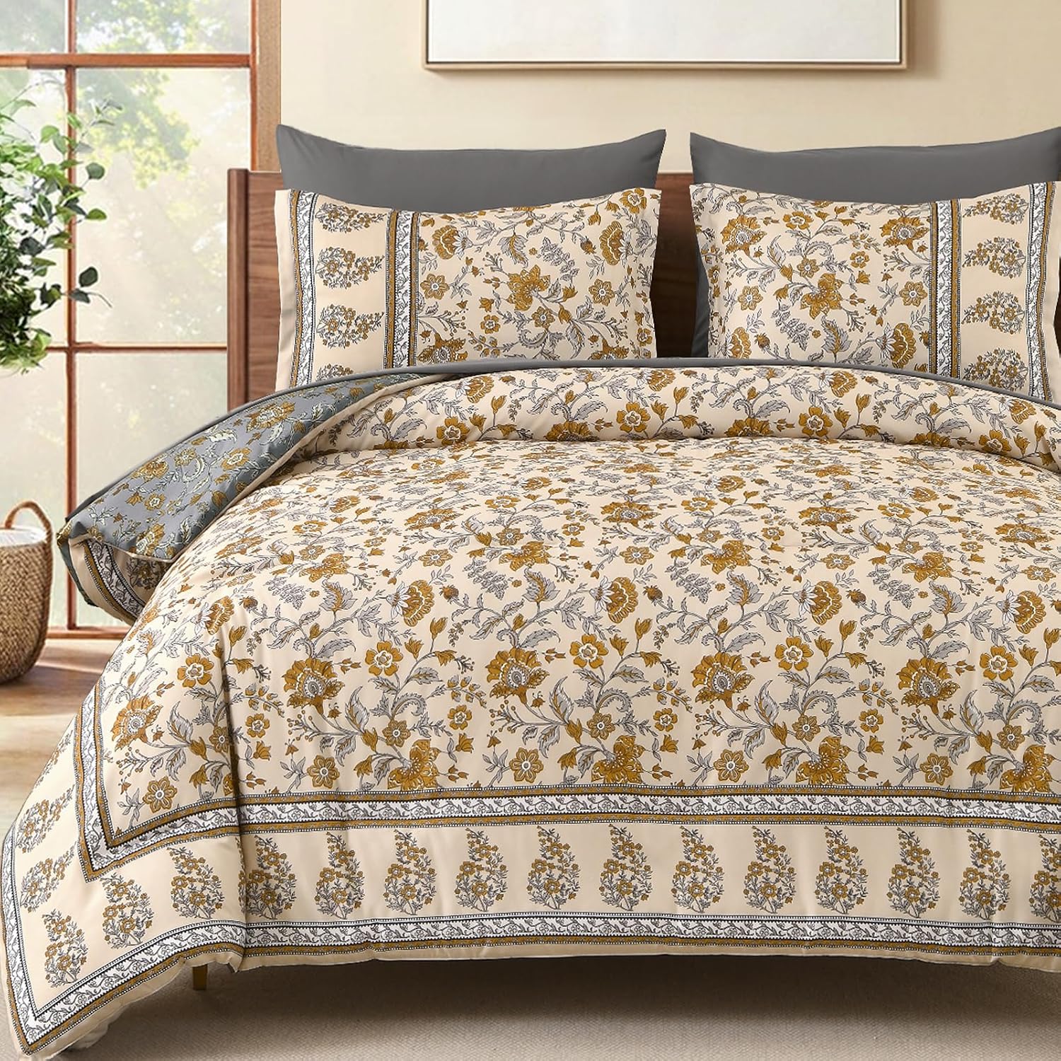 Dinjoy Boho Paisley Floral Comforter Set, Queen, 7 Piece