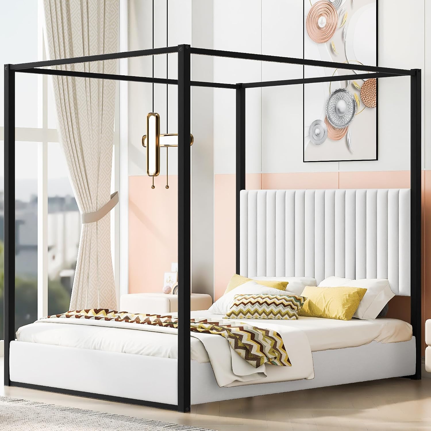 Queen Upholstered Canopy Platform Bed Frame with Headboard
