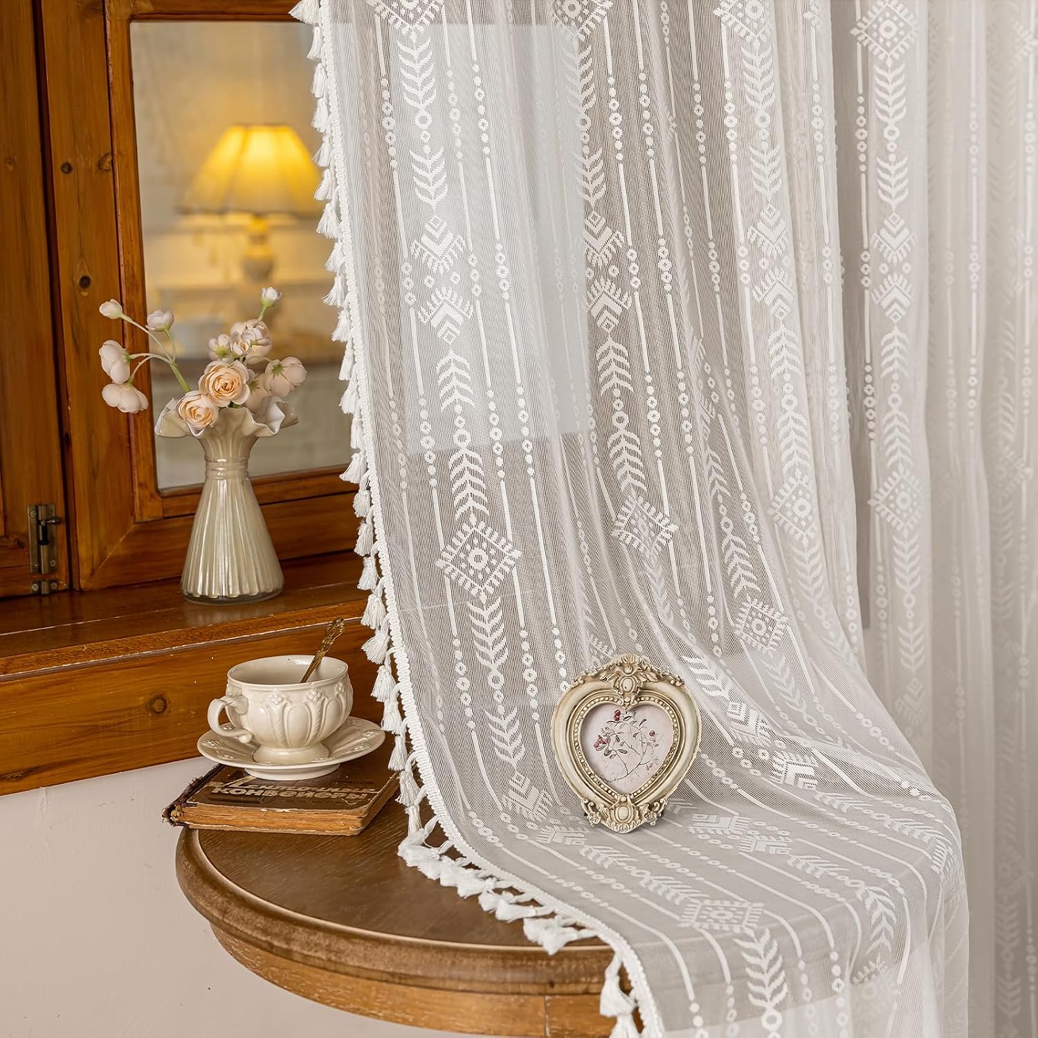 Sheer Boho Lace Curtains, 84 Inch, Natural White, Set of 2