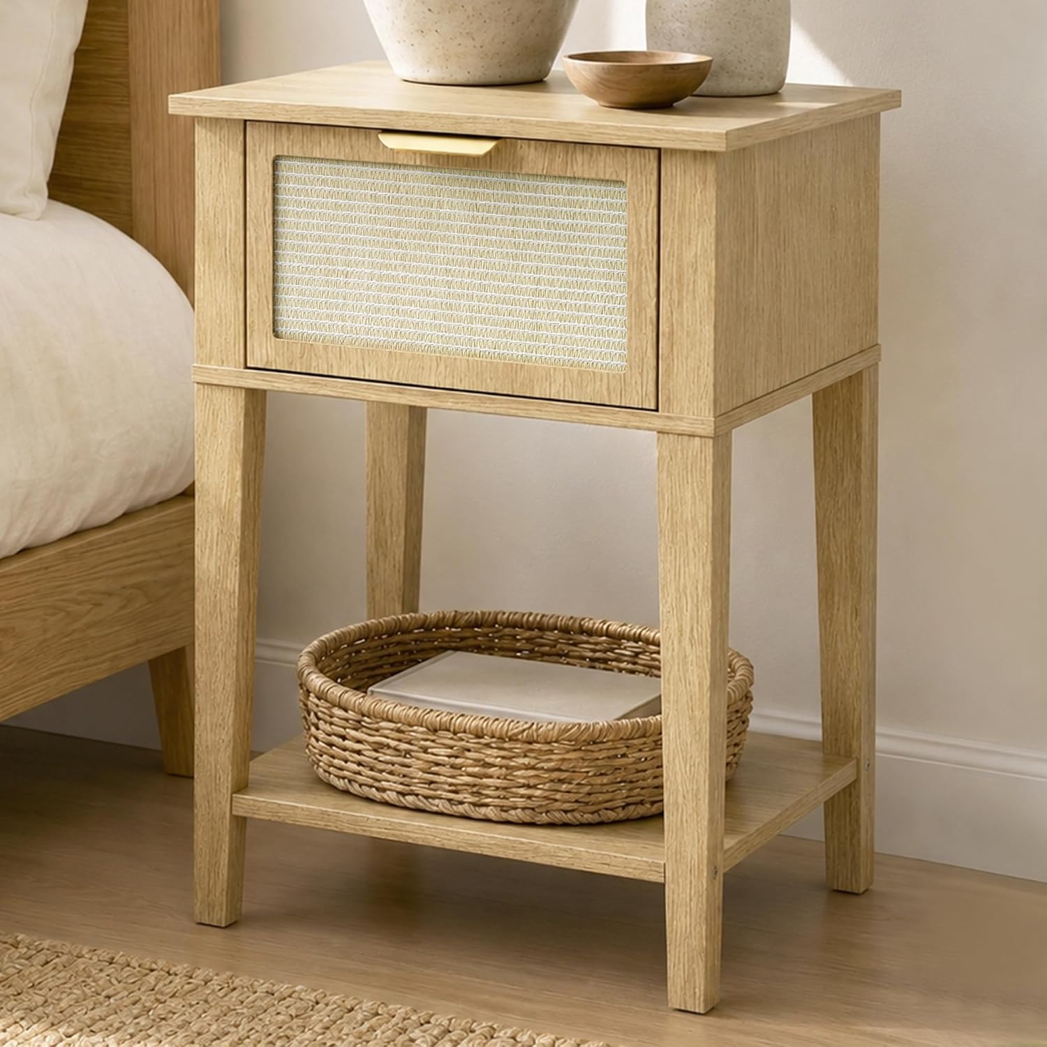 Natural Oak Small Nightstand with Drawer and Woven Shelf, 15