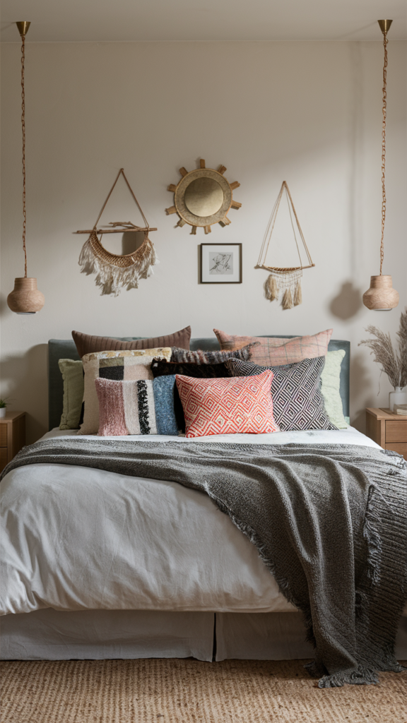 Boho bedroom with a mix of patterned accent pillows