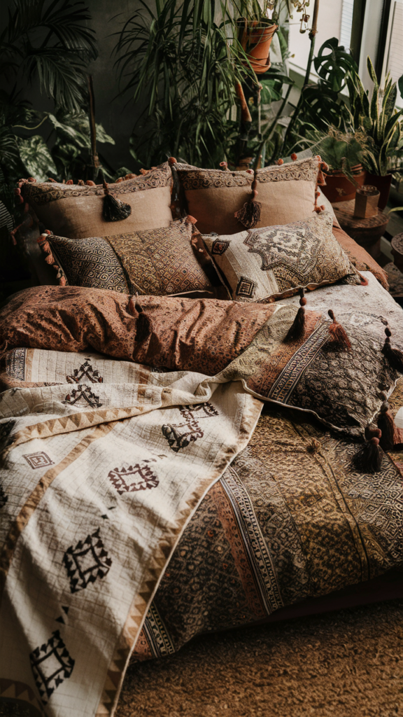 Cozy eclectic bedroom with layered bohemian bedding