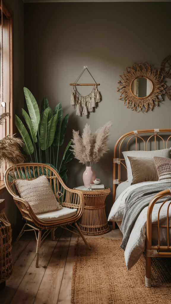 Stylish bohemian bedroom showcasing rattan and wood furniture