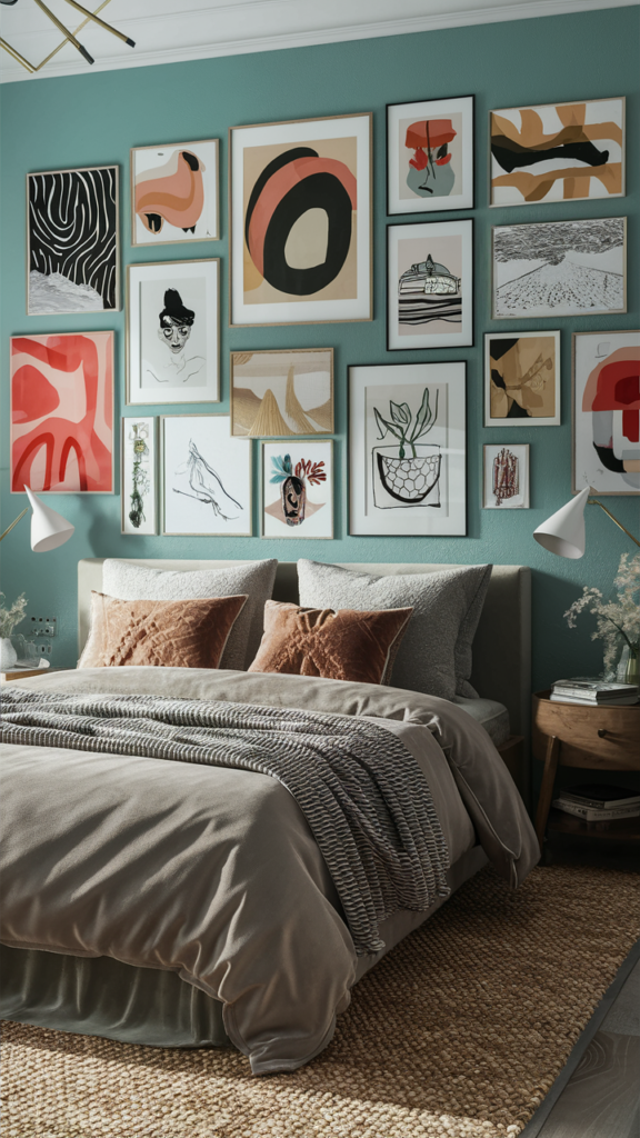 Boho bedroom with a vibrant gallery wall of art