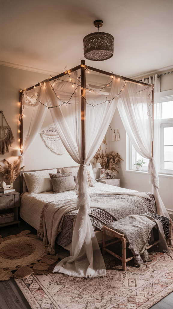 Romantic boho bedroom with a wood canopy bed