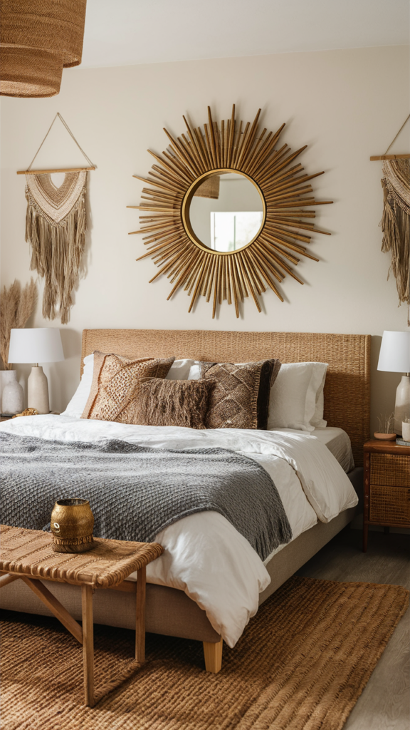 Elegant boho bedroom featuring a sunburst carved mirror
