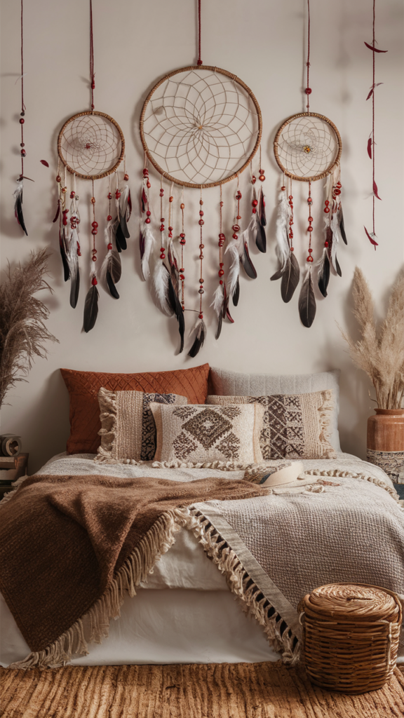 Cozy boho bedroom with dreamcatchers hung above the bed