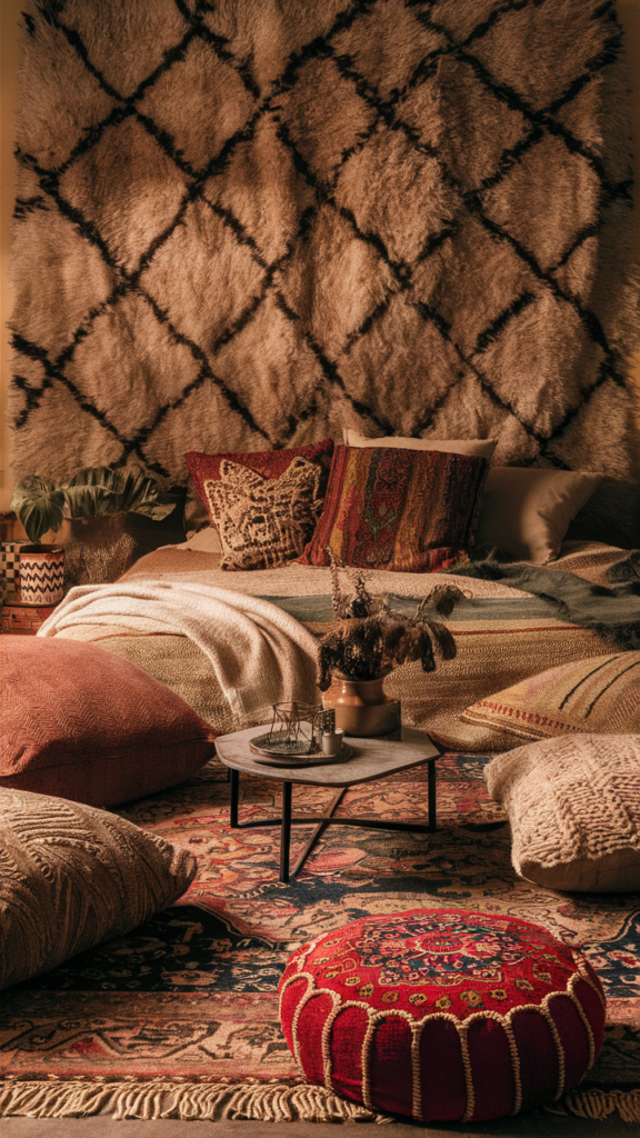 Cozy eclectic bohemian bedroom with floor cushions
