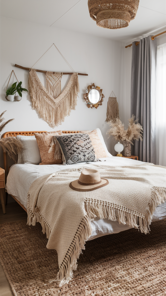 Bohemian bedroom with handmade fringe details on textiles