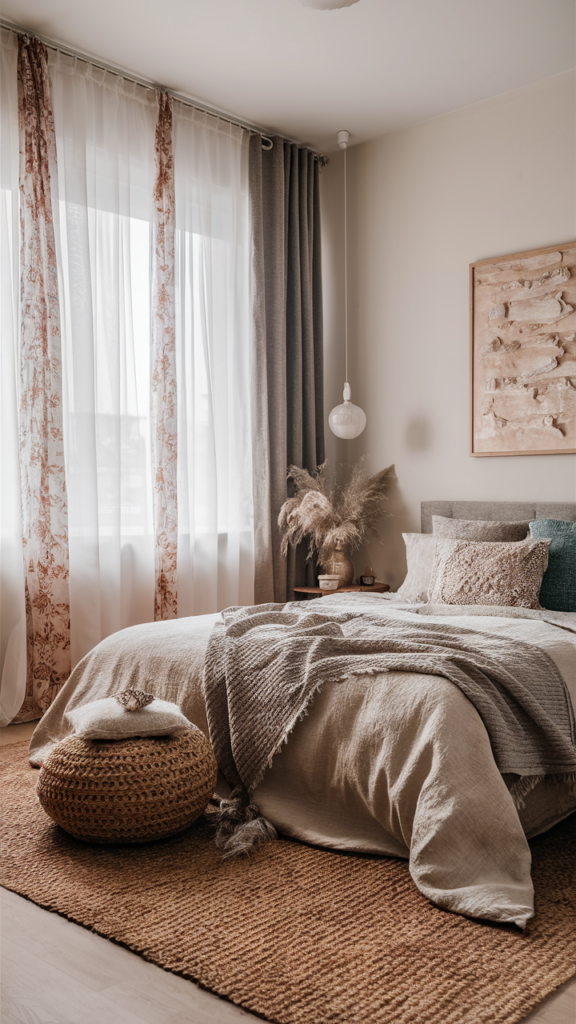Bohemian bedroom with layered sheer and heavy curtains