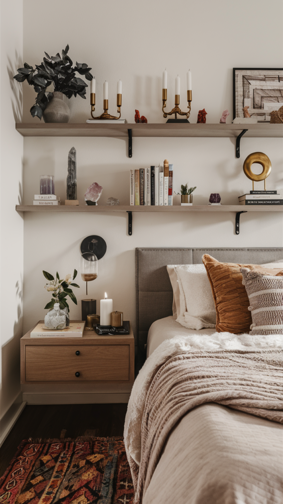 Boho bedroom with open shelving displaying personal items