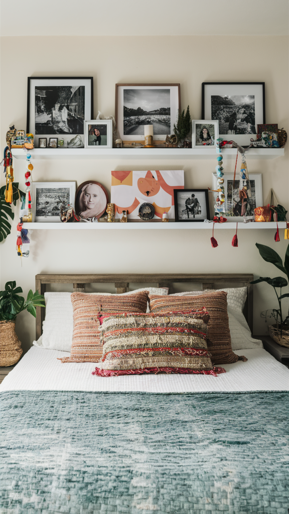 Personalized boho bedroom with framed photos and mementos