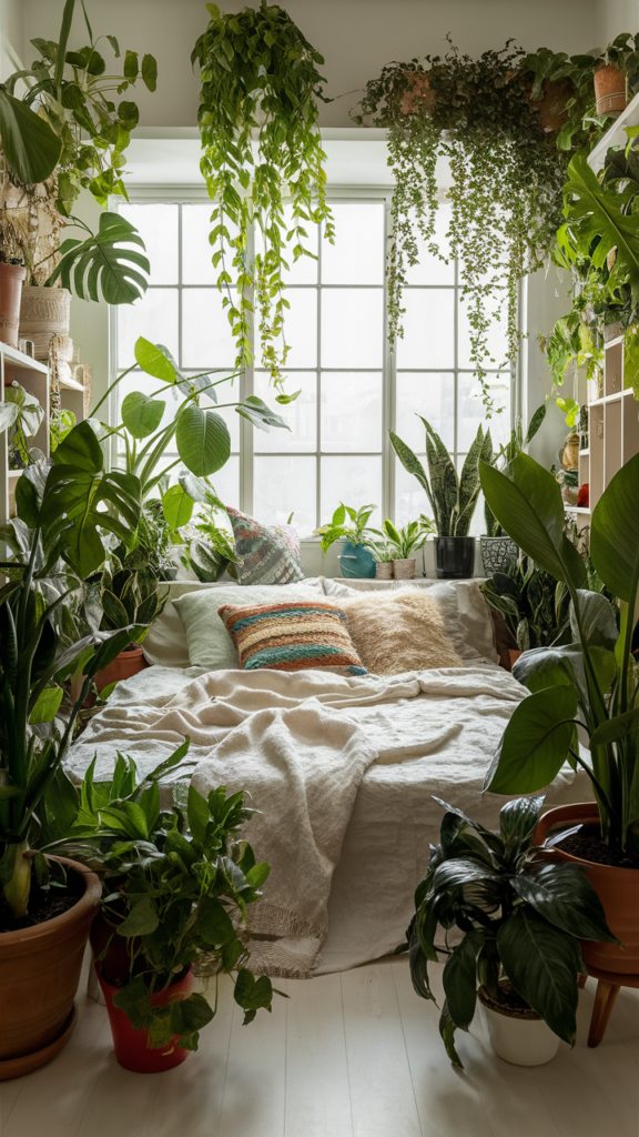 Serene bohemian bedroom filled with various plants