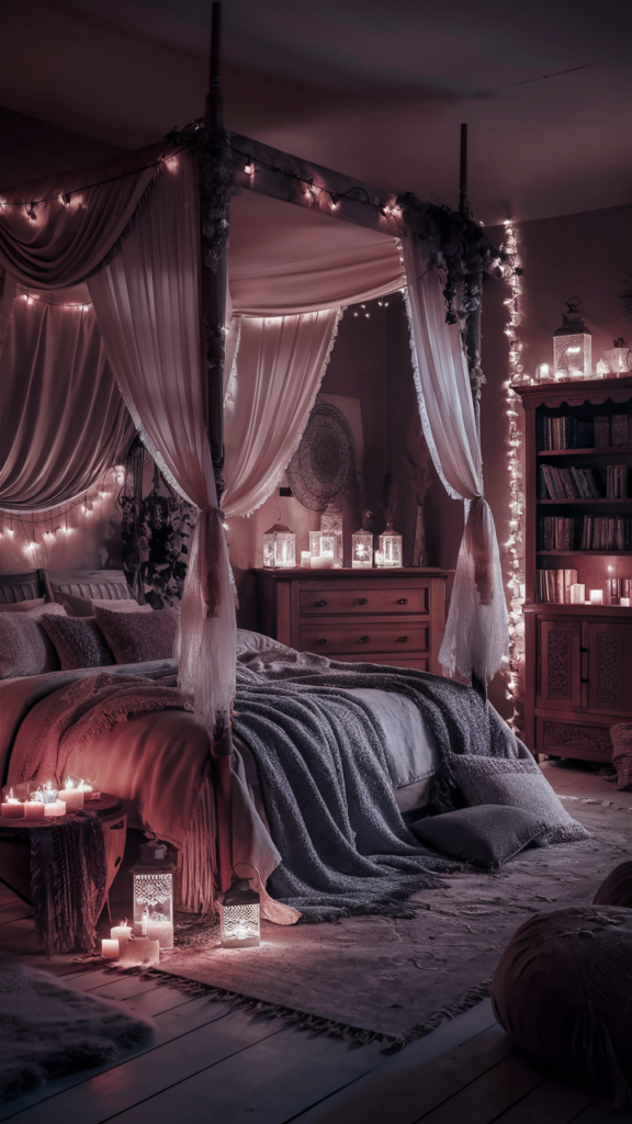 Dreamy boho bedroom with soft ambient string lighting
