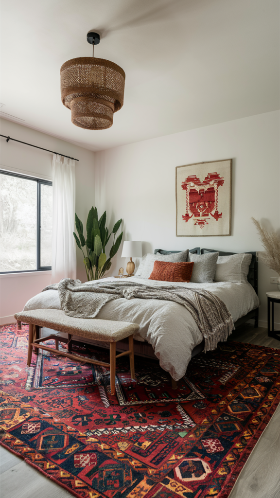 Bohemian bedroom with a large Moroccan statement rug