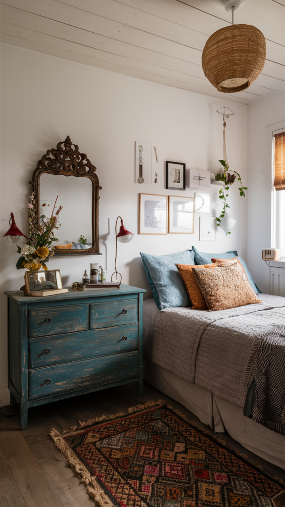 Charming bohemian bedroom with vintage thrifted furniture