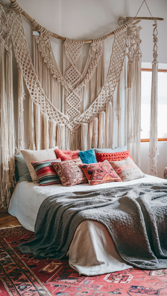 Cozy boho bedroom with handmade macrame wall hanging
