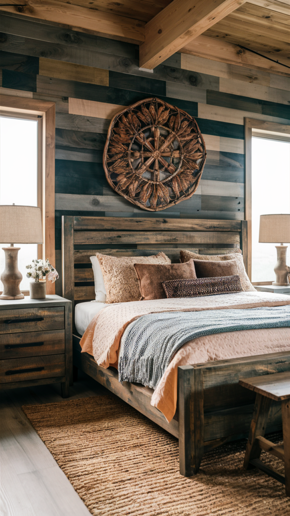 Rustic boho bedroom with reclaimed wood furniture elements
