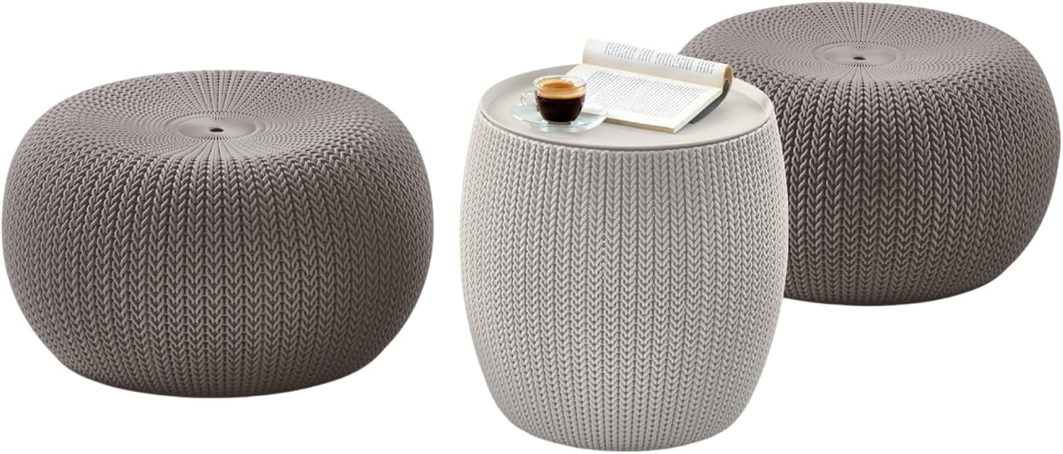 Keter Urban Knit Pouf Ottoman Set of 2 with Storage Table