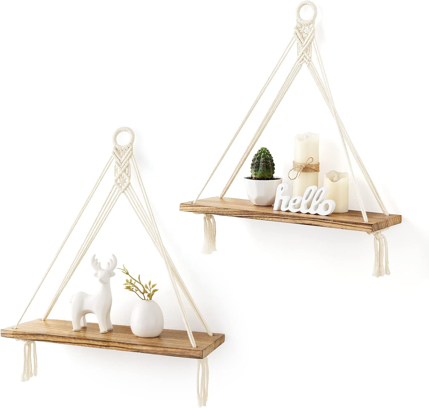 Mkono Macrame Hanging Wood Shelves, Set of 2