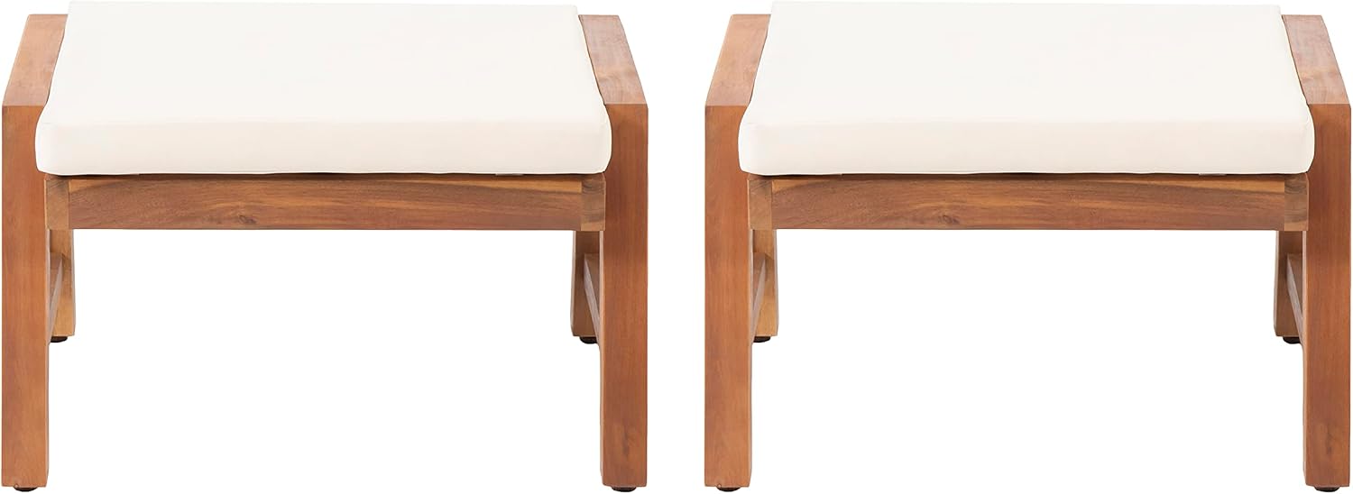 Temecula Acacia Wood Outdoor Ottomans with Cushion, Set of 2