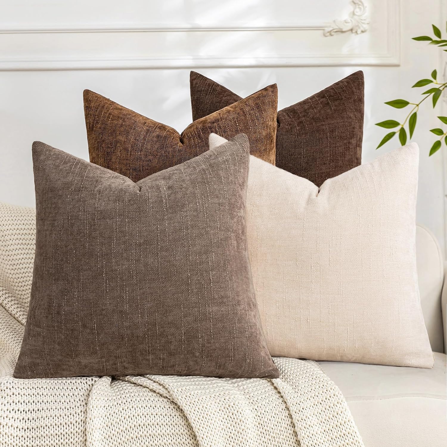 Set of 4 Soft Textured Throw Pillow Covers, Beige Taupe Brown