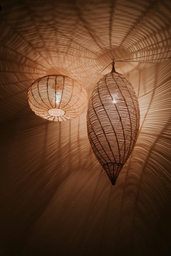 Soft ambient lighting fixtures enhancing a boho farmhouse room