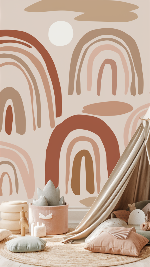 Soft terracotta, rose and sage arch shapes painted across a playroom wall behind a canvas teepee and floor cushions