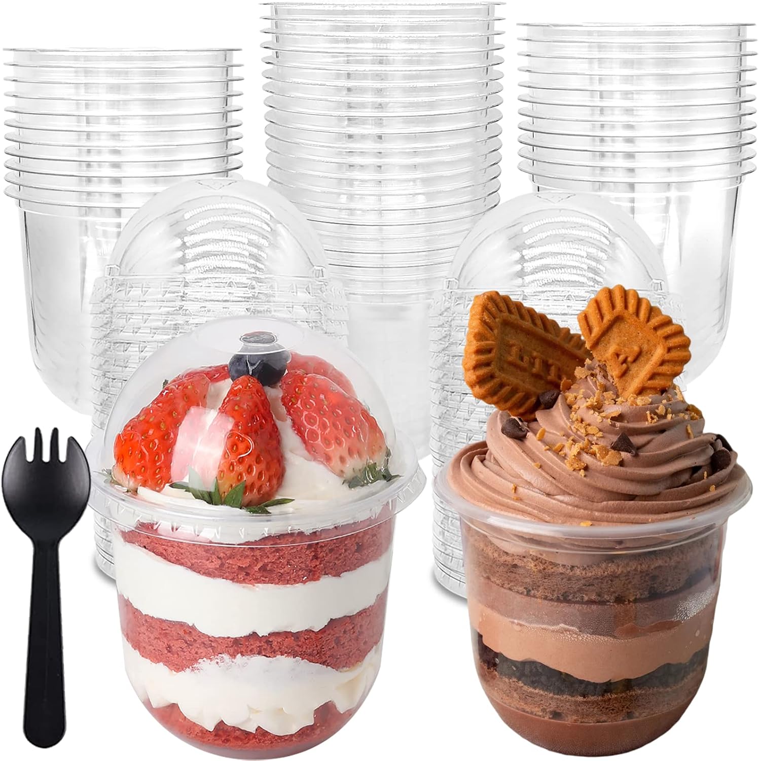 Clear Plastic Dessert Cups with Dome Lids and Sporks, 12 oz, 50 Pack