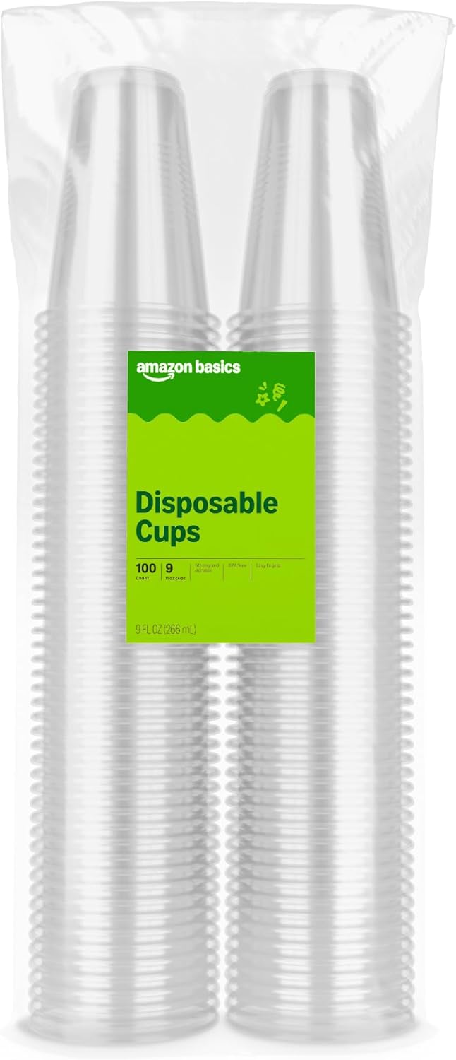 Amazon Basics Disposable Clear Plastic Cups, 9 oz, 100 Count