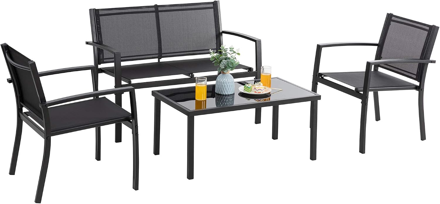 Vongrasig 4-Piece Patio Conversation Set with Glass Coffee Table