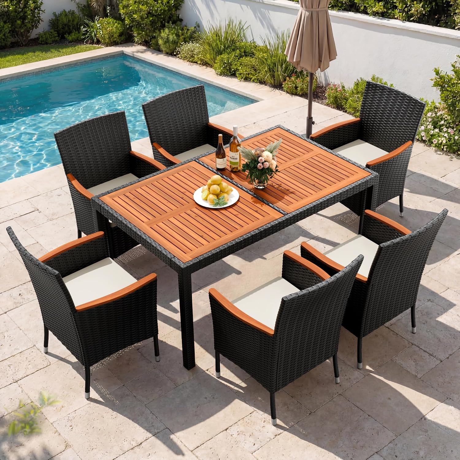Devoko 7-Piece Acacia Wood Patio Dining Set, Black Rattan