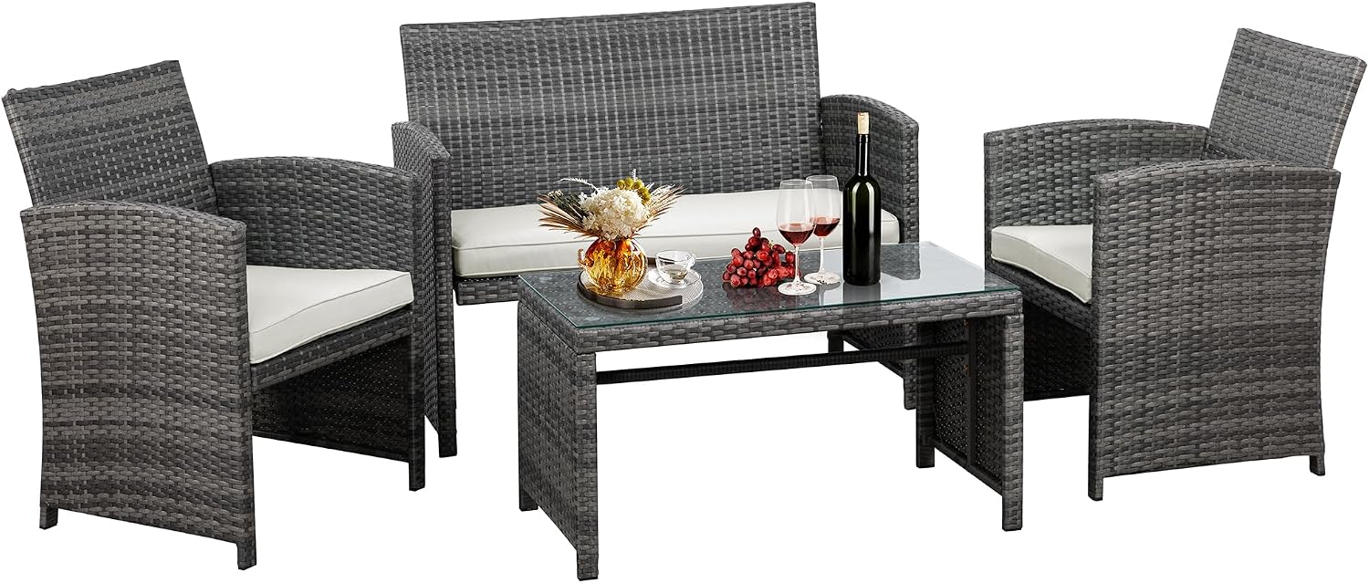 JAMFLY 4-Piece Wicker Rattan Patio Conversation Set