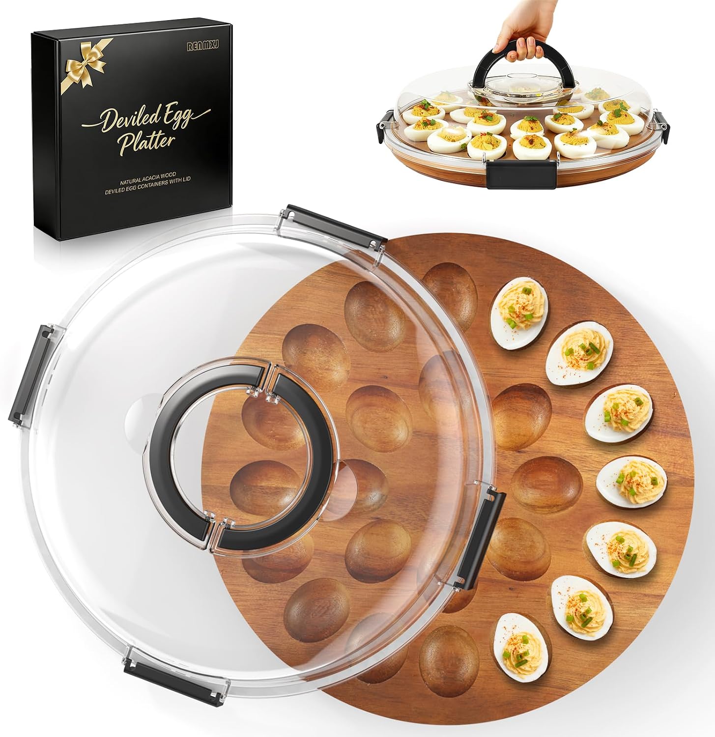 Renmxj Deviled Egg Container with Lid, Acacia Wood Base, 24 Slots