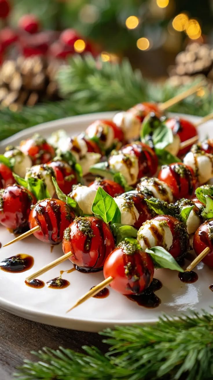 Caprese Christmas skewers with balsamic drizzle