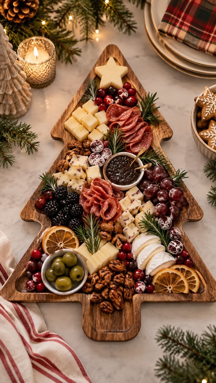 Christmas tree shaped charcuterie board with cheese and salami