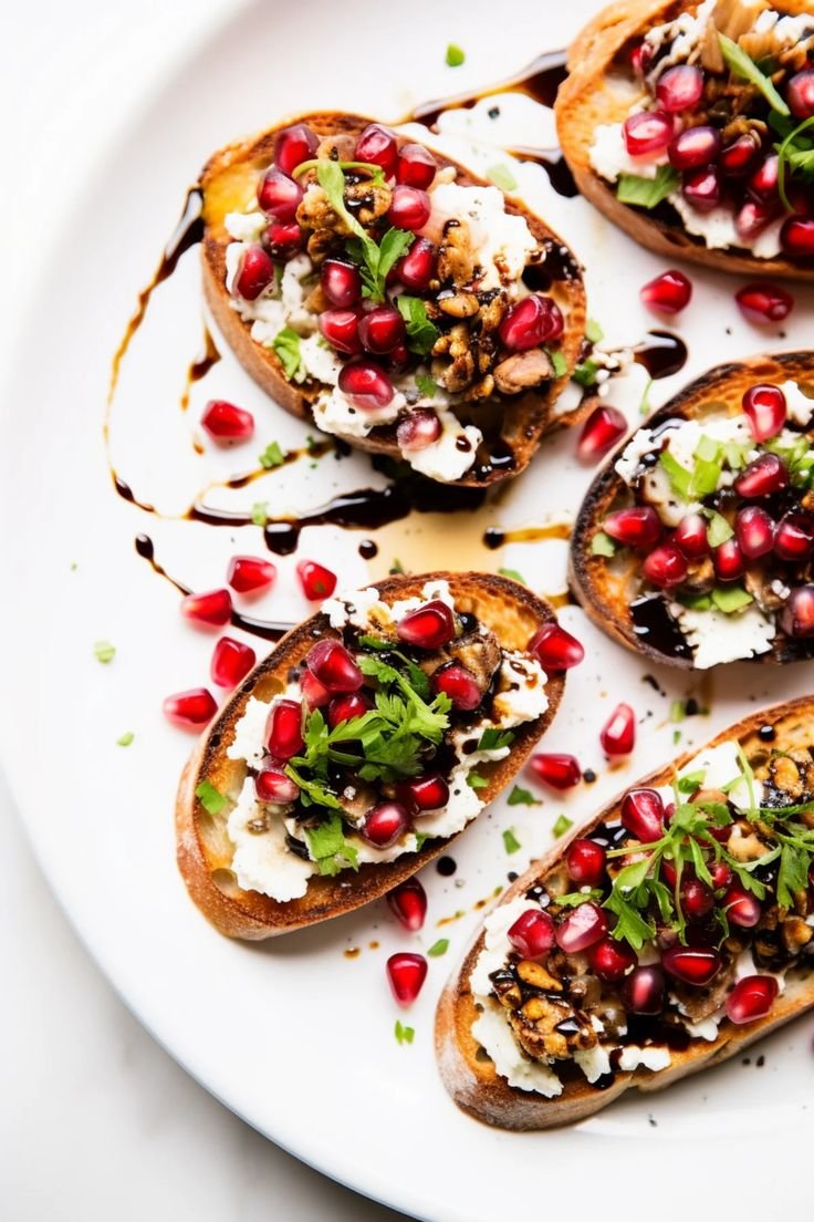 Pomegranate and whipped feta crostini with toasted walnuts