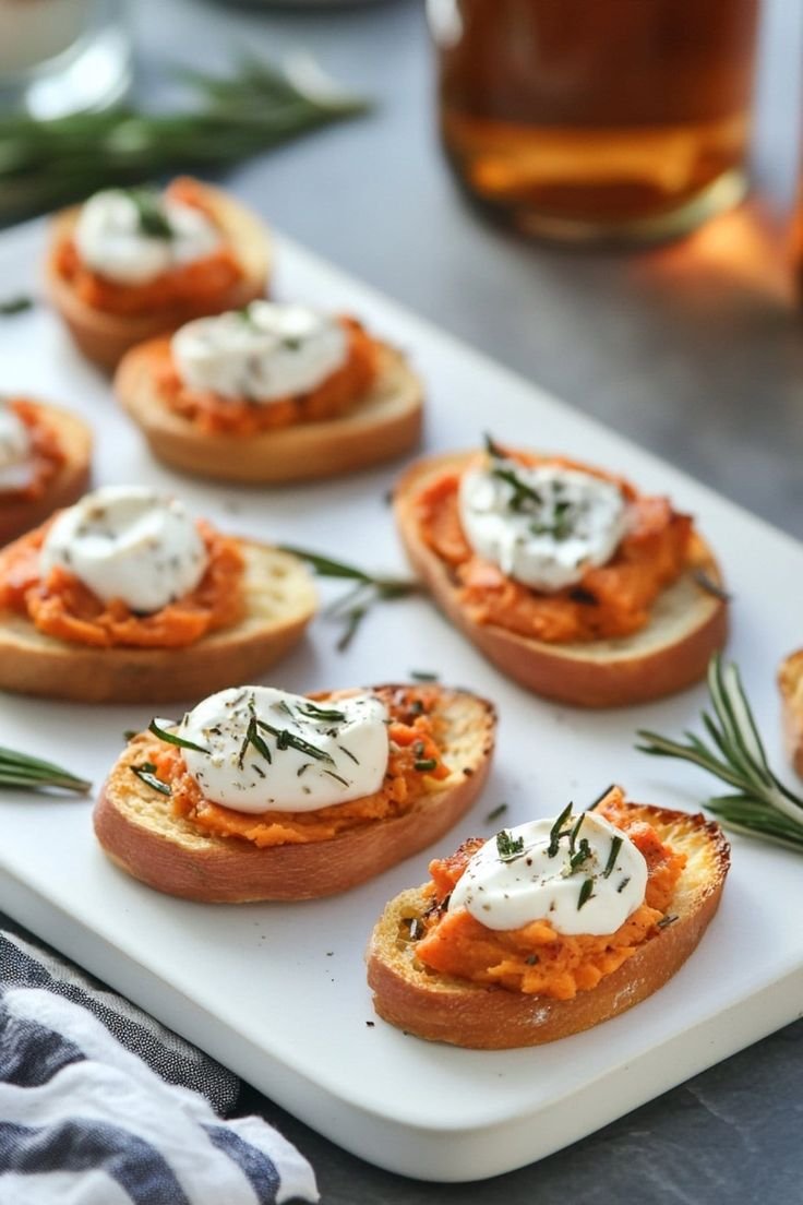 Sweet potato crostini topped with goat cheese and pecans