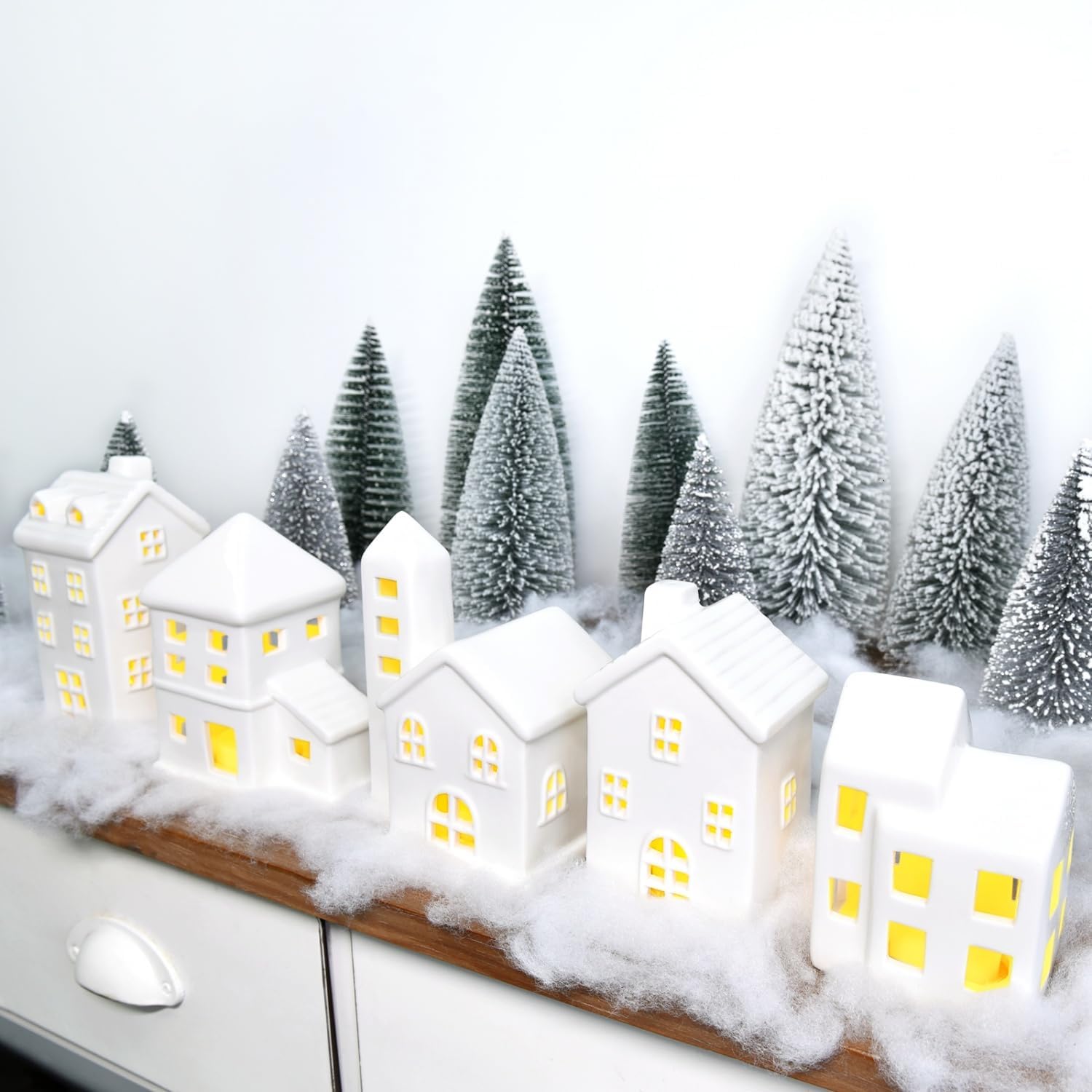 JETEHO Ceramic Christmas Village, 5 White Houses and 9 Trees