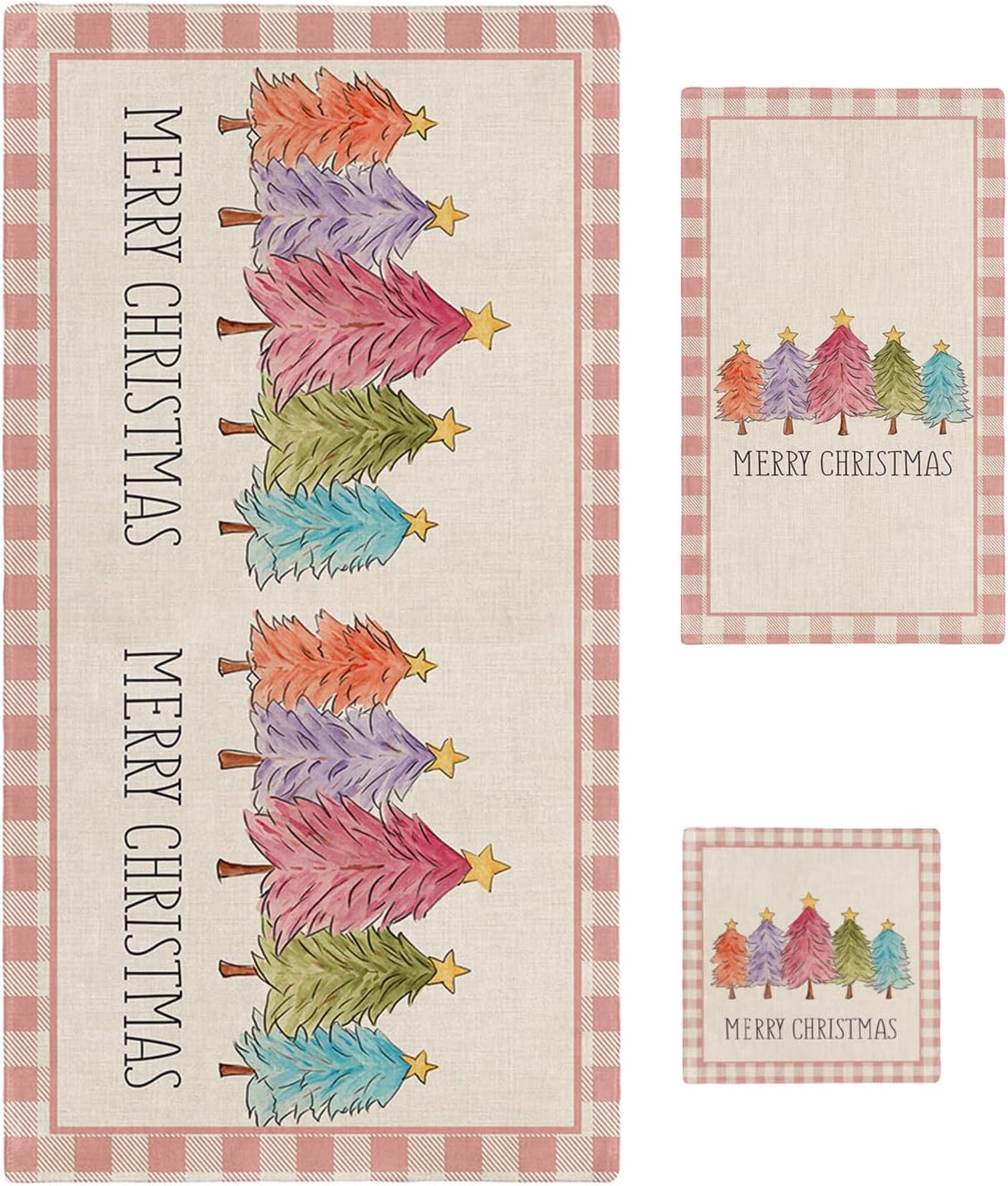 Plaid Christmas Bath Towels for Bathroom, Watercolor Xmas Tree Set