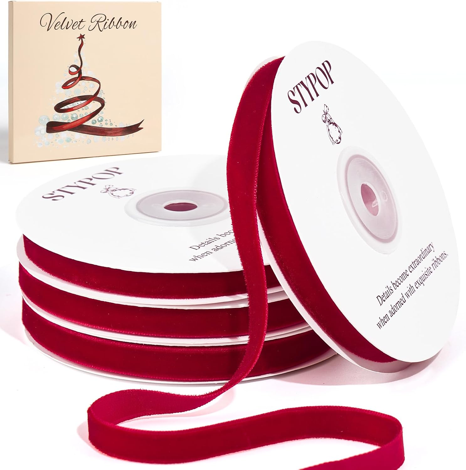 Red Velvet Ribbon for Gift Wrapping, 4 Rolls x 10 Yards