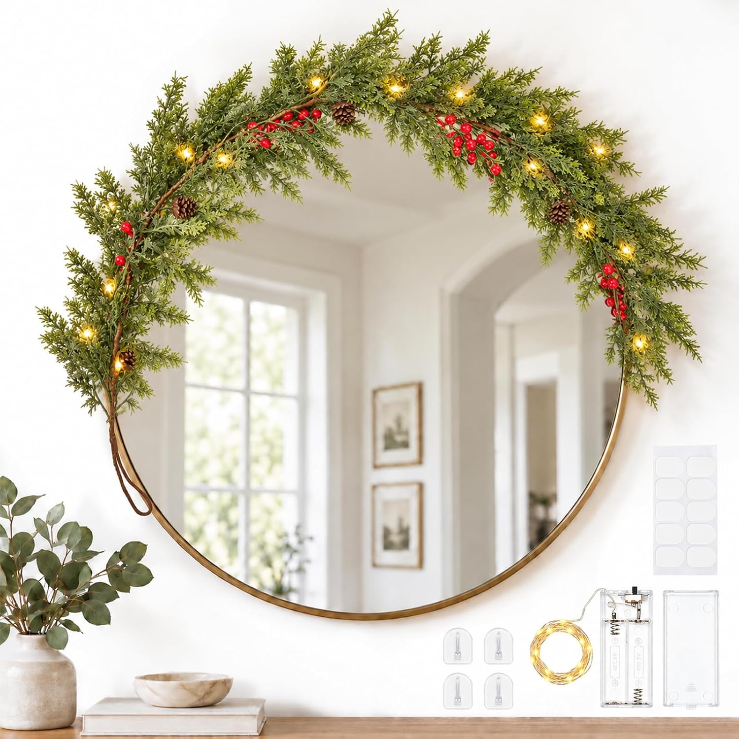 4.2 Ft Christmas Mirror Garland with Lights and Pinecones