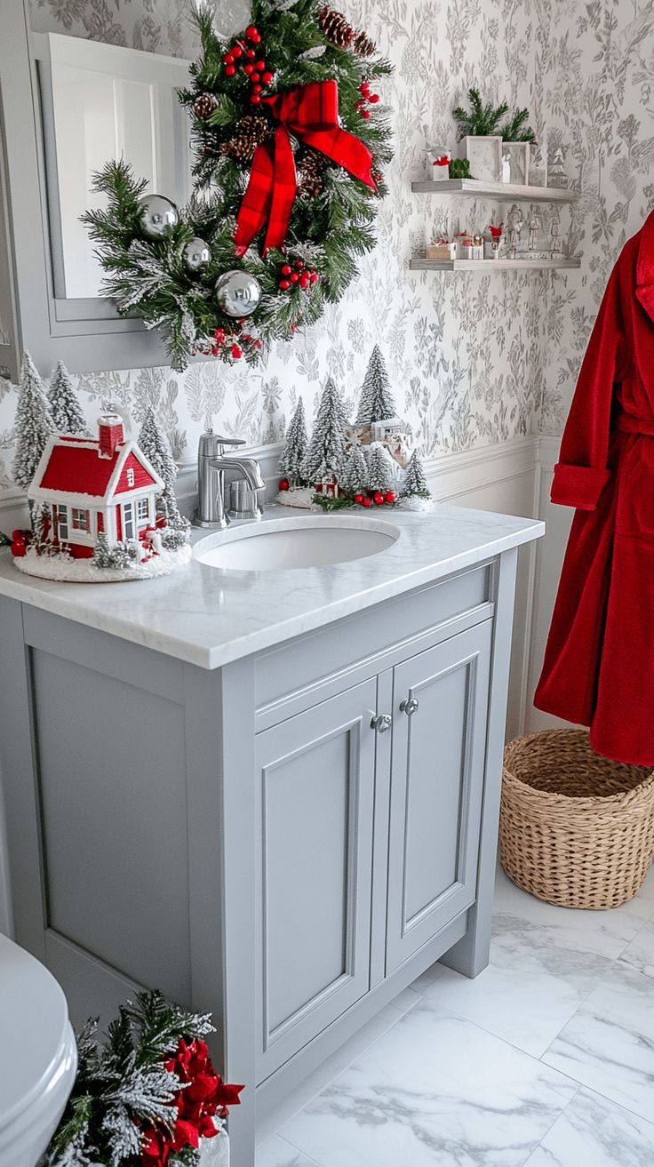 Flocked Christmas wreath with a red plaid bow over a gray bathroom vanity mirror