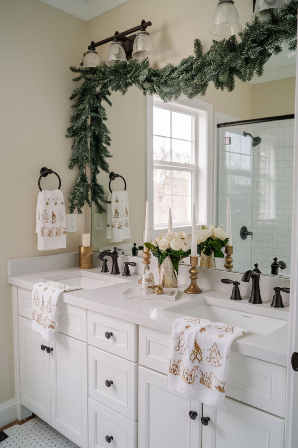Double bathroom vanity with gold ornament embroidered towels and poinsettias