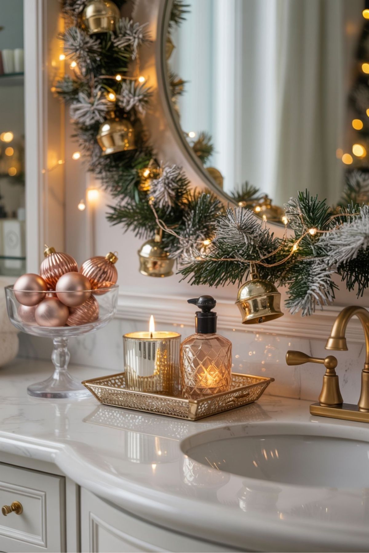 Garland-draped mirror with gold bells and rose gold Christmas ornaments