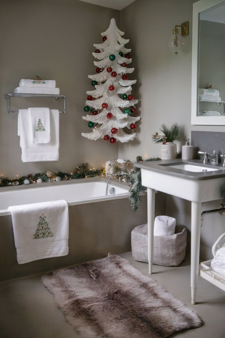 Carved white mercury glass style Christmas tree mounted on a bathroom wall