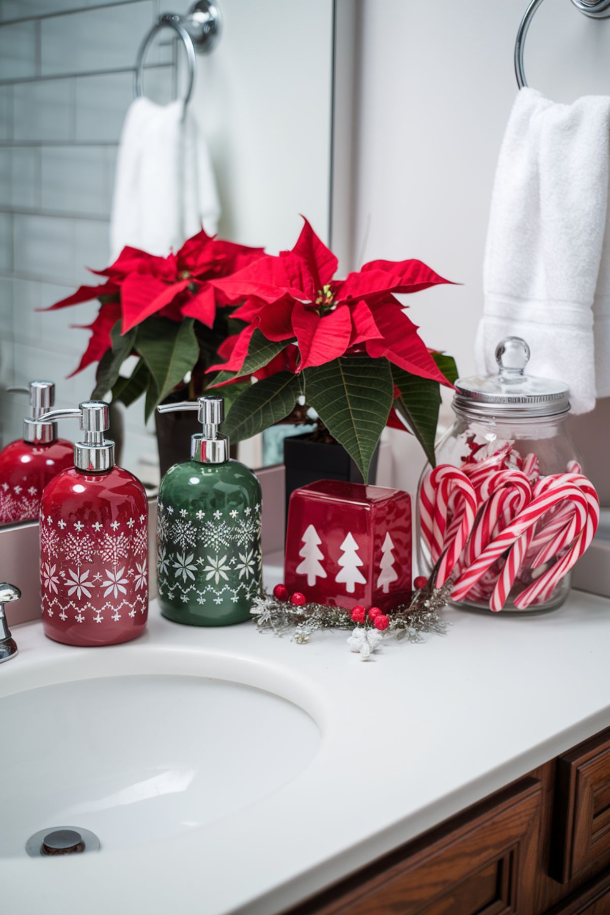 Red poinsettia next to red and green snowflake glass soap dispensers