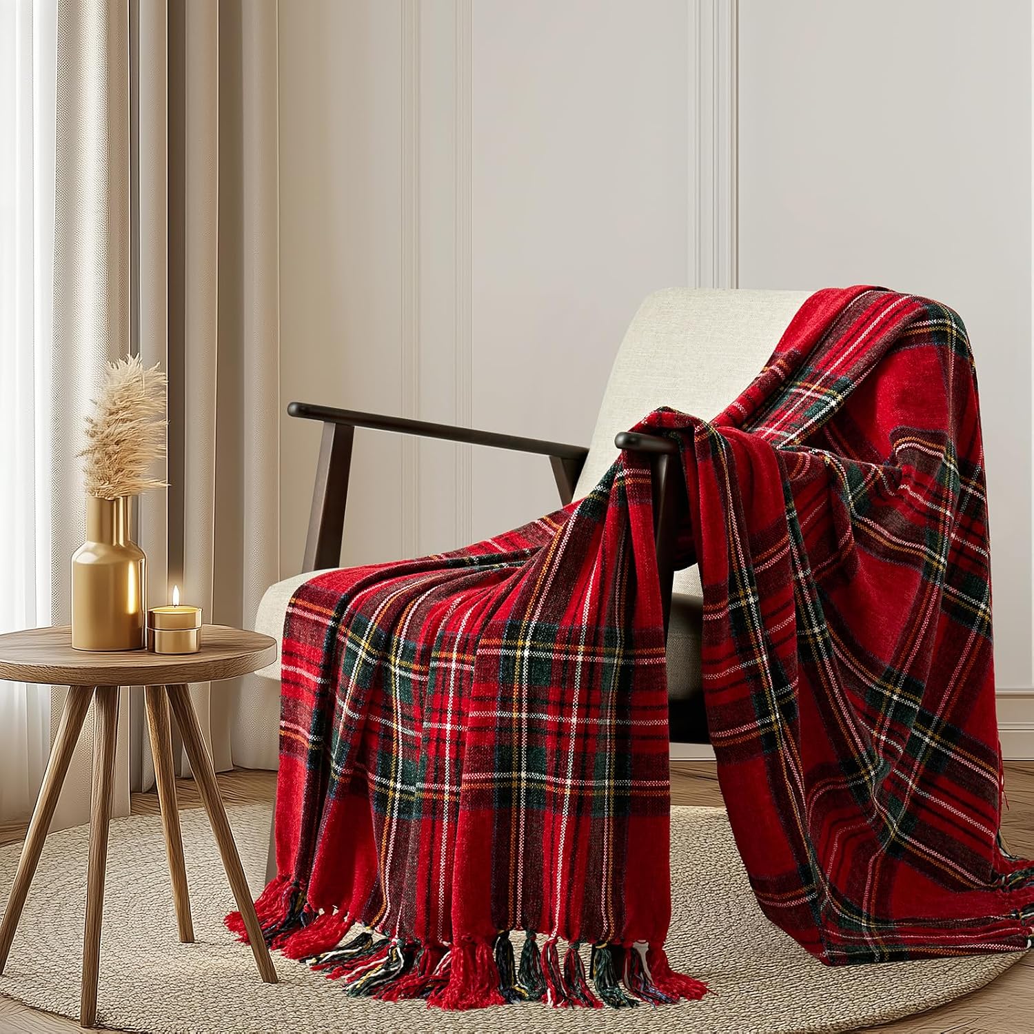 EverGrace Chenille Christmas Throw Blanket, Red Stewart Plaid, 50 x 60