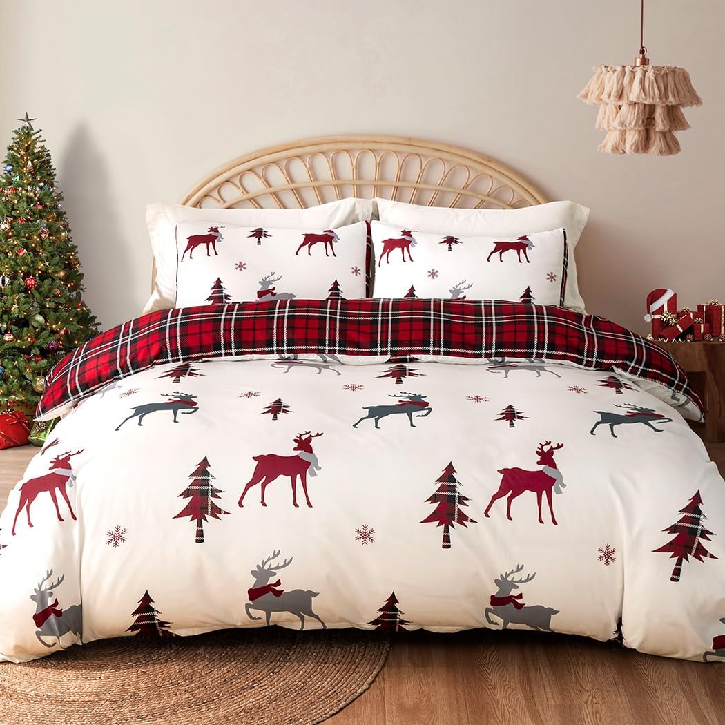 Lekesky Reversible Red Plaid Reindeer Christmas Duvet Cover, Queen